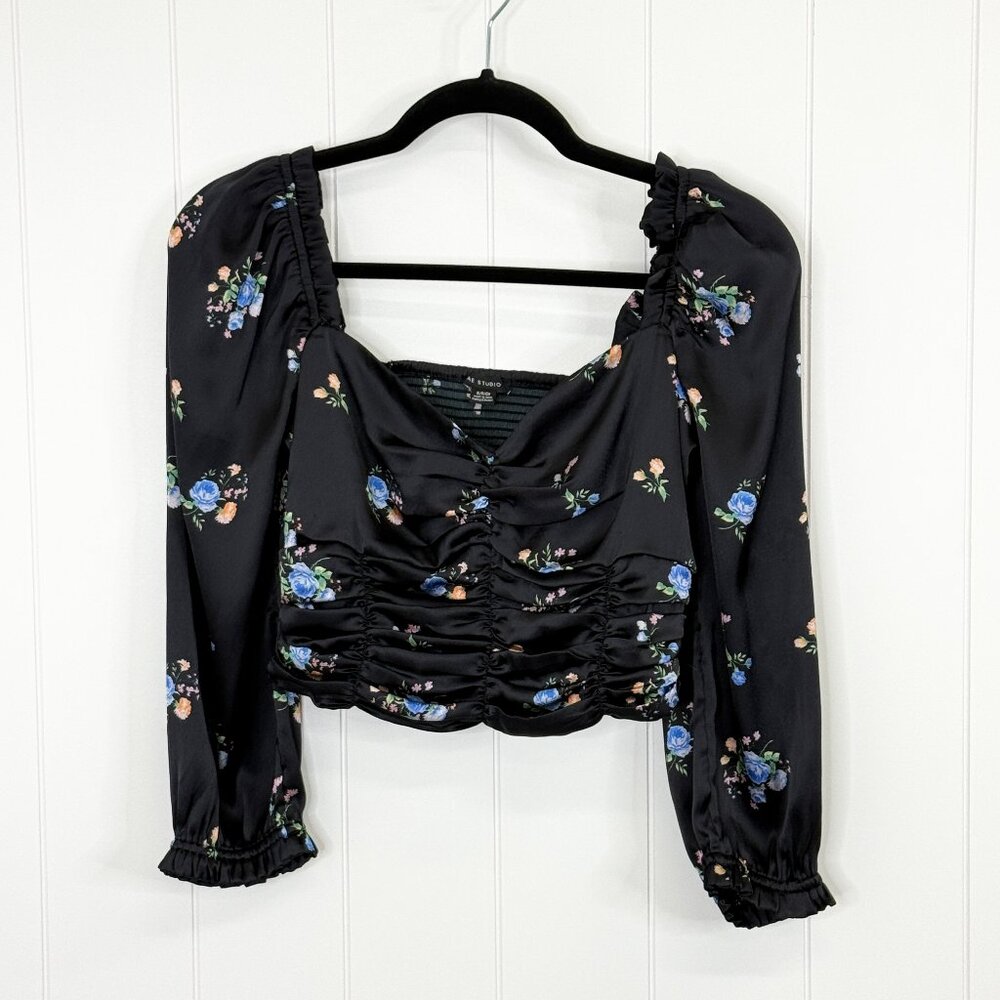 AE Studio Black Floral Smocked Ruched Crop Blouse SM Ruffles Whimsygoth Y2K‎